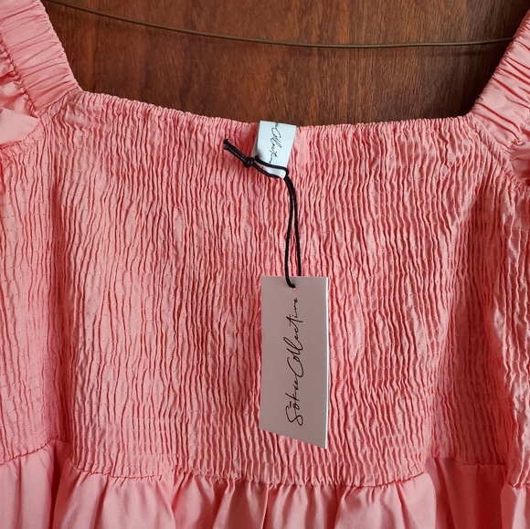 NWT SOKIE COLLECTIVE Puff Sleeve Light Pink Smoked Midi Pleated Dress size M - Picture 9 of 16